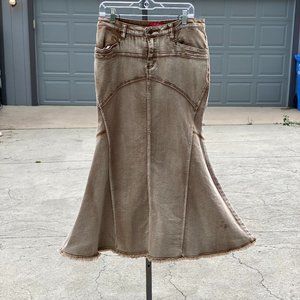 Style J brown stretch denim mermaid flare skirt